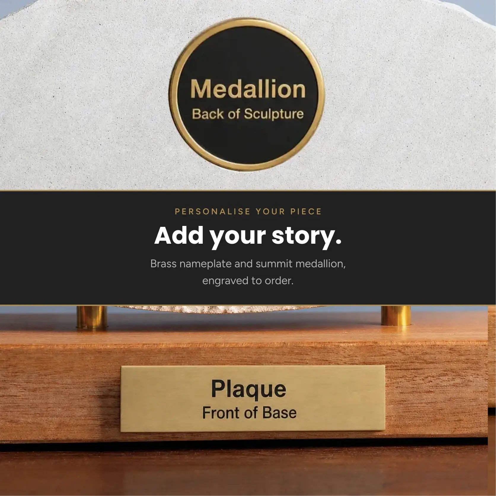 Sculpted Peaks Brass nameplate and summit medallion, engraved to order.