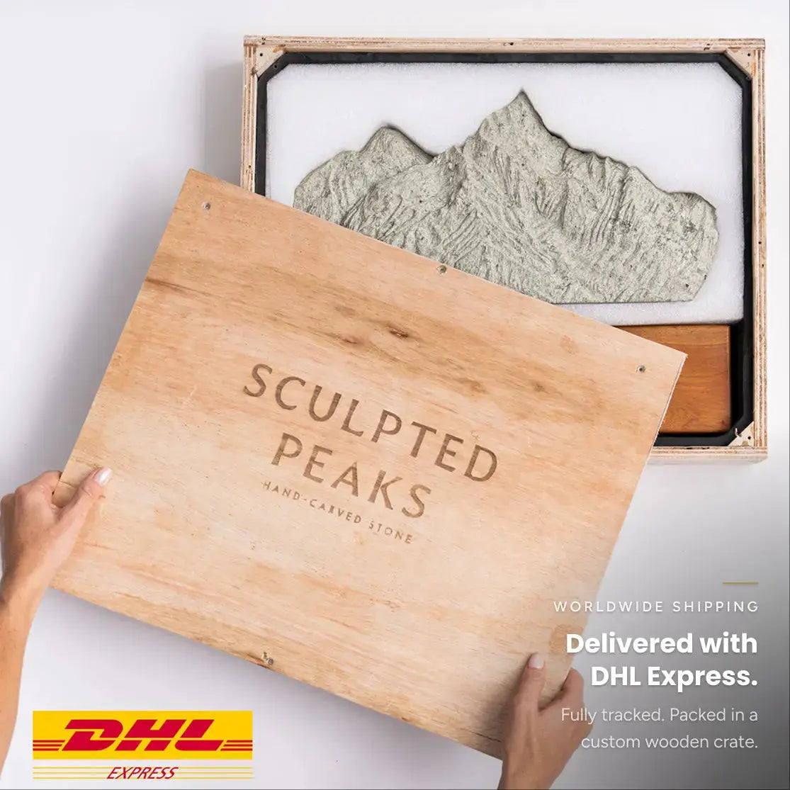 Sculpted Peaks WORLDWIDE SHIPPING
Delivered with DHL Express. Fully tracked. Packed in a custom wooden crate.