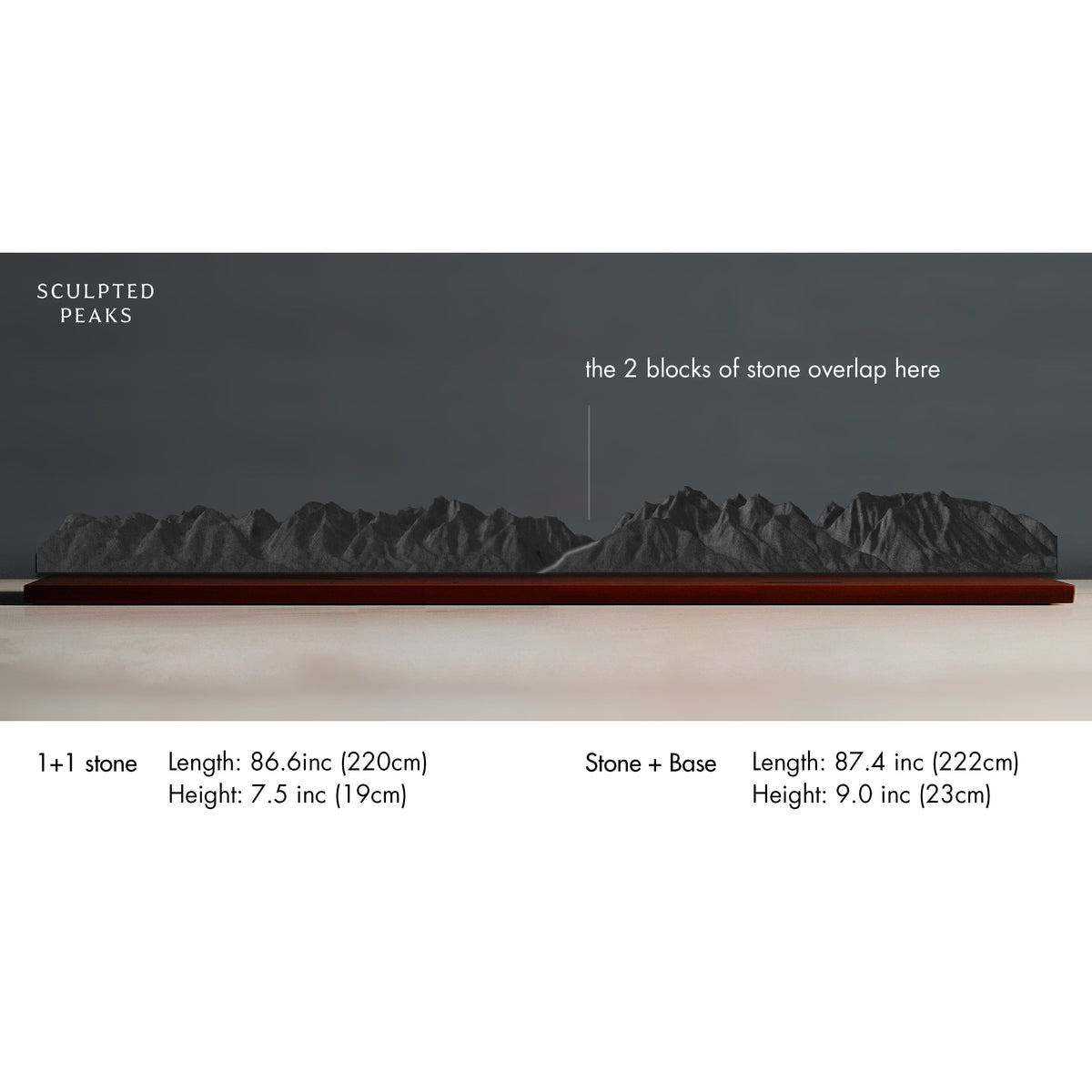 Two-panel panorama sculpture, 86.6" (220 cm) long, on a mahogany base