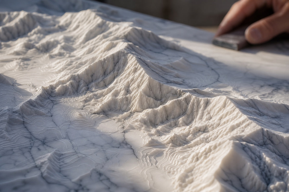 Illustrative mockup: close-up of marble terrain detail being finished by hand