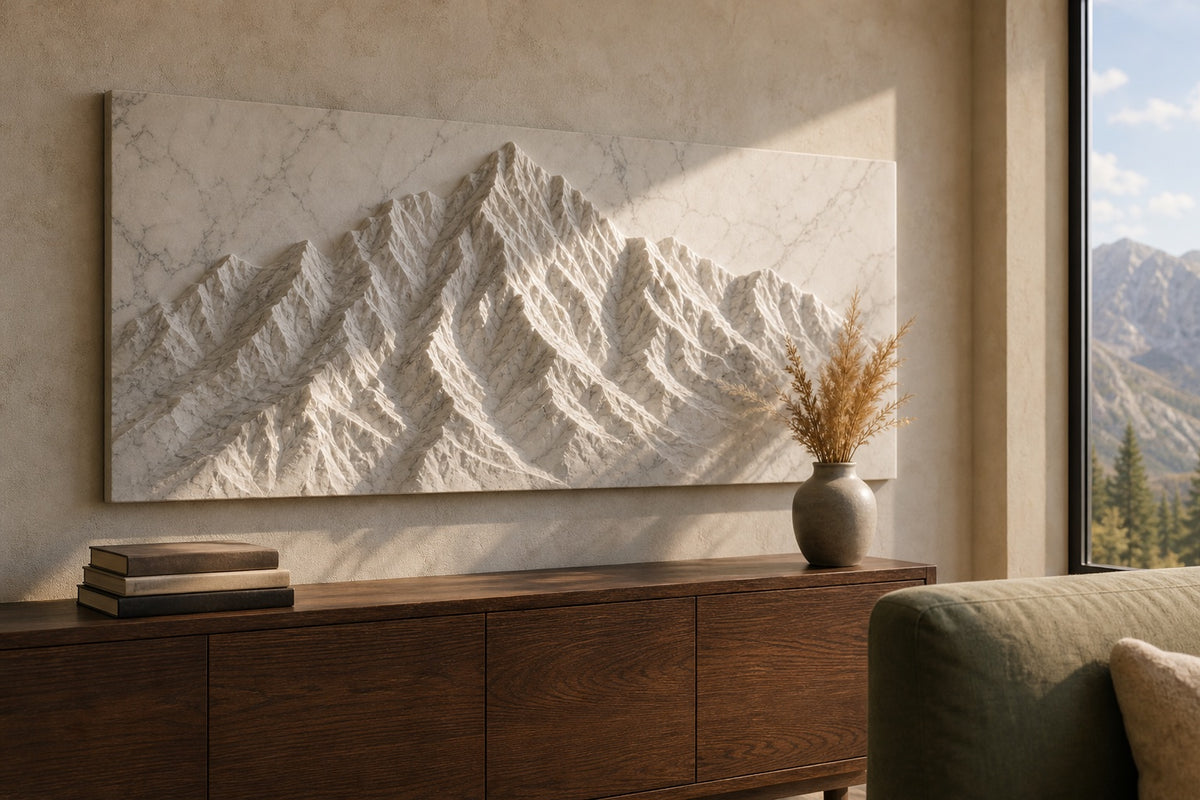 Illustrative mockup: a marble topographic panel on a living room wall
